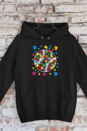 Autism Awareness Baseball Puzzle Piece Support Design Long Sleeve Hoodie
